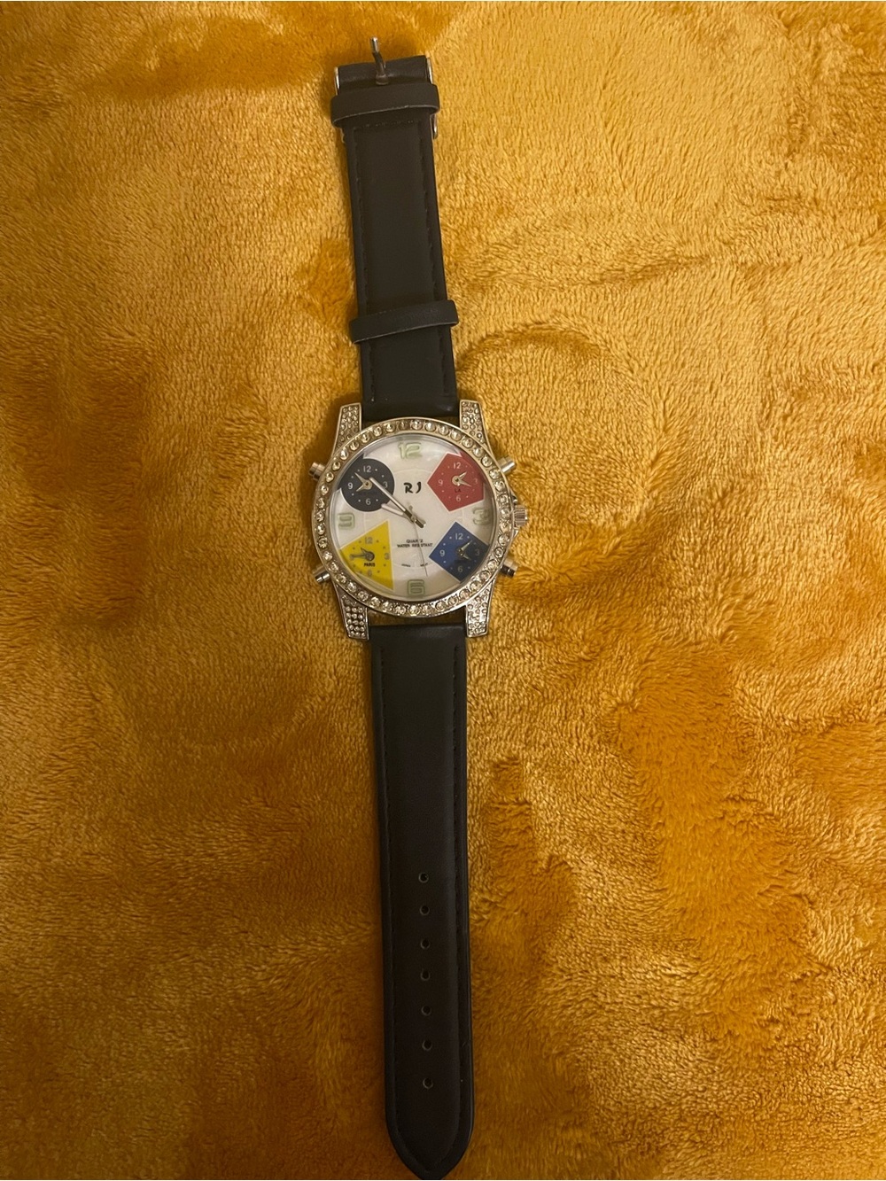 RJ women’s Time Zone Silver Finish Black Leather Band Date Fashion Hip Hop Watch